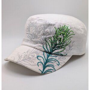 Peacock Feather Hat Cap Womens Cadet Military Embellished Leader Bling White